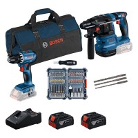 PRO набір з 2 інструментів BOSCH 18V: GSR 18V-45 + GBH 18V-22 + 45шт. набір насадок для викрутки + 3-компонентний набір свердел для перфораторів SDS-plus-5 + 2 x GBA 18V 4.0 Ah + GAL 18V-40 все в коробці(0615V0003D)