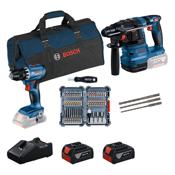 PRO набір з 2 інструментів BOSCH 18V: GSR 18V-45 + GBH 18V-22 + 45шт. набір насадок для викрутки + 3-компонентний набір свердел для перфораторів SDS-plus-5 + 2 x GBA 18V 4.0 Ah + GAL 18V-40 все в коробці(0615V0003D)