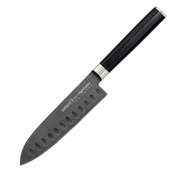 Ніж кухонний Сантоку з жолобчастою лінією леза, 138 мм, Samura "Mo-V Stonewash" (SM-0093B)